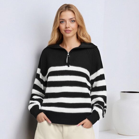 Women's Stripe Sweater Half Turtleneck Zipper Long Sleeve Knit Striped Black - Picture 5 of 7